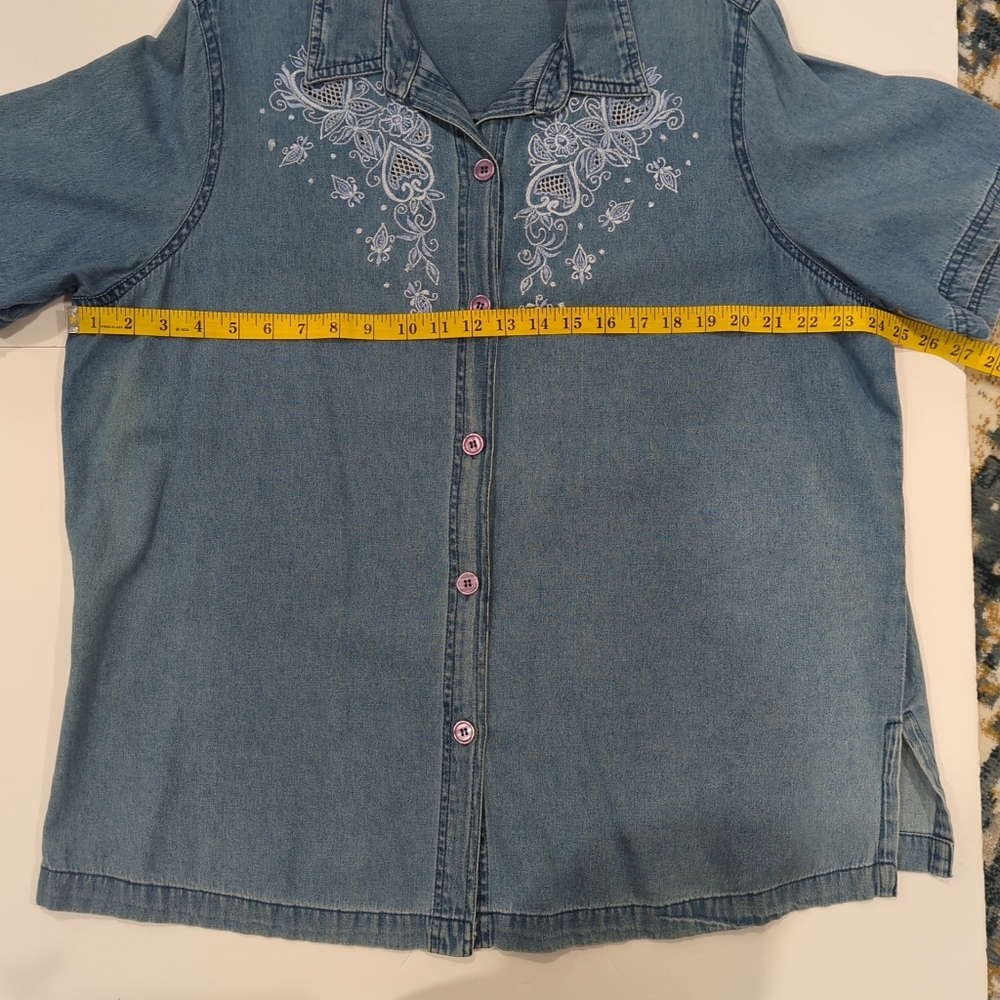 Main Street Blues Blue Denim Shortsleeve Button-Up Shirt Embroidered Women's 20W - Picture 12 of 15
